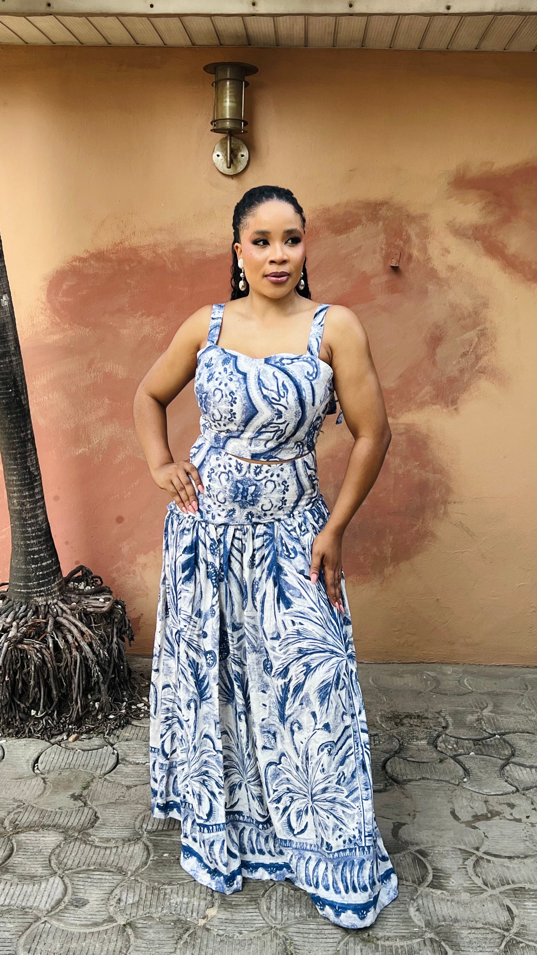 Print Linen Cropped Top & Skirt Set